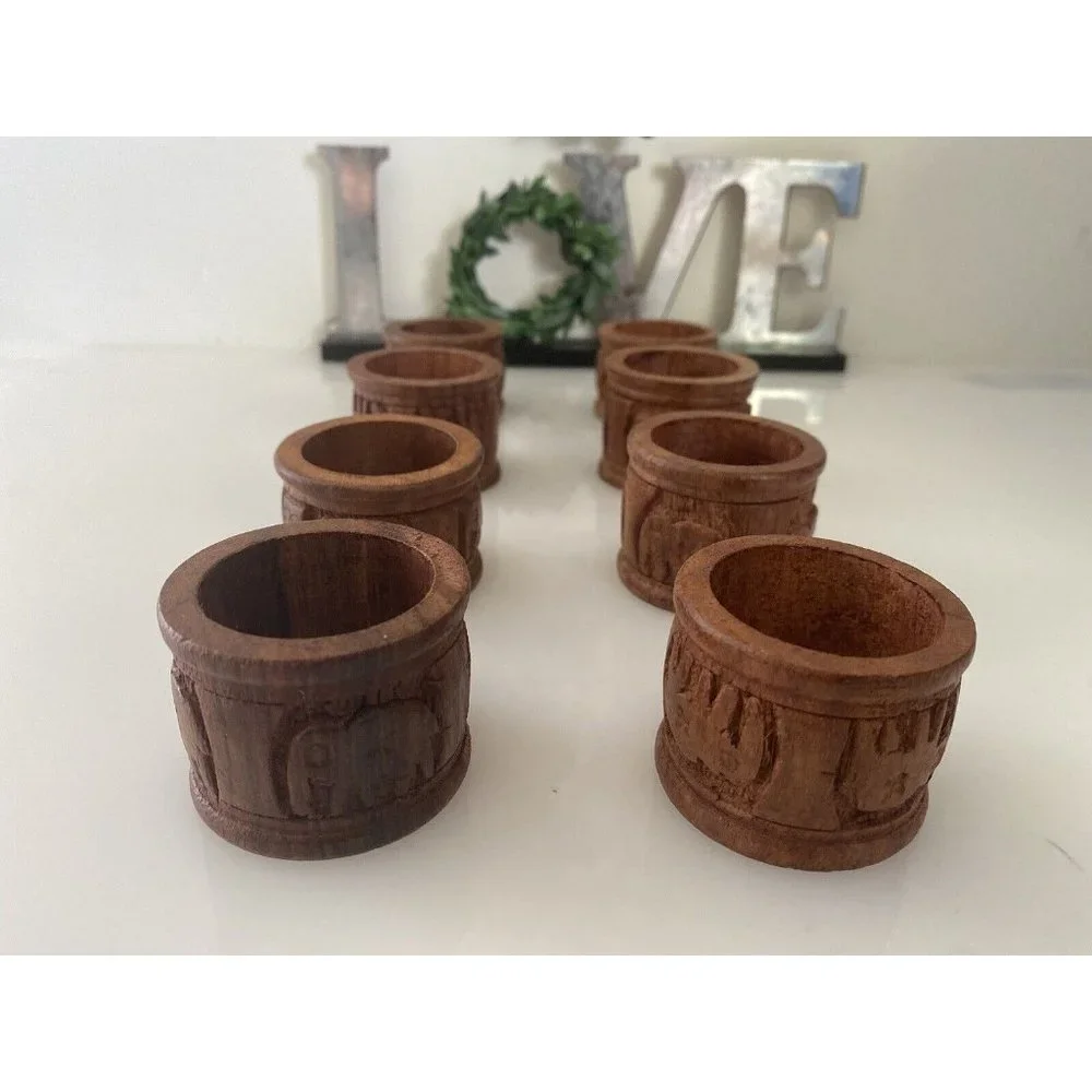 Vintage Elephant Retro Boho Hand Carved Wood Napkin Rings Holders India Set Of 8